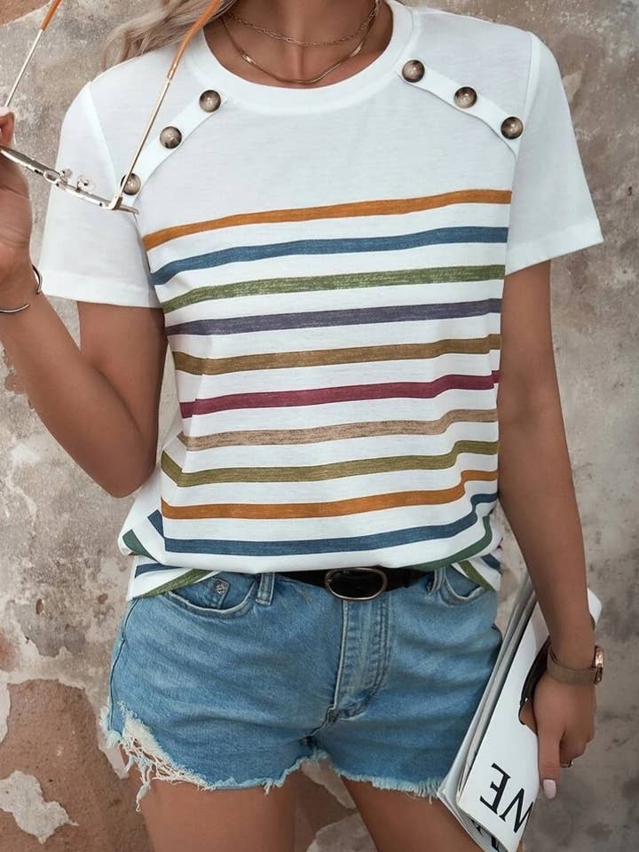 CWTBLS1145_SUMMER STRIPED PRINT BUTTON-UP SHORT SLEEVE TOP for wholesale by NINEXIS