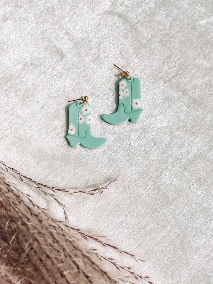 NEW Hand-Painted Cowgirl Boots in Teal for wholesale by Corvega Clay Goods