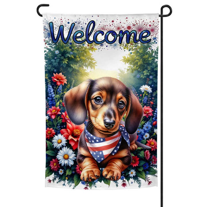 Dachshund Patriotic Welcome Garden Flag for wholesale by Traci's Fun Creations