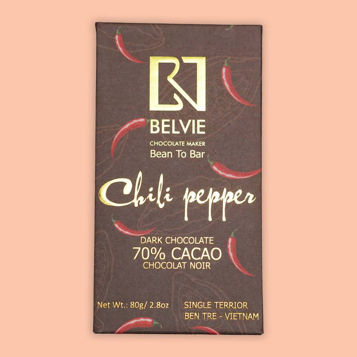 Belvie Dark Chocolate Bar Chili Pepper Dark Chocolate 70% for wholesale by Bar & Cocoa Chocolate