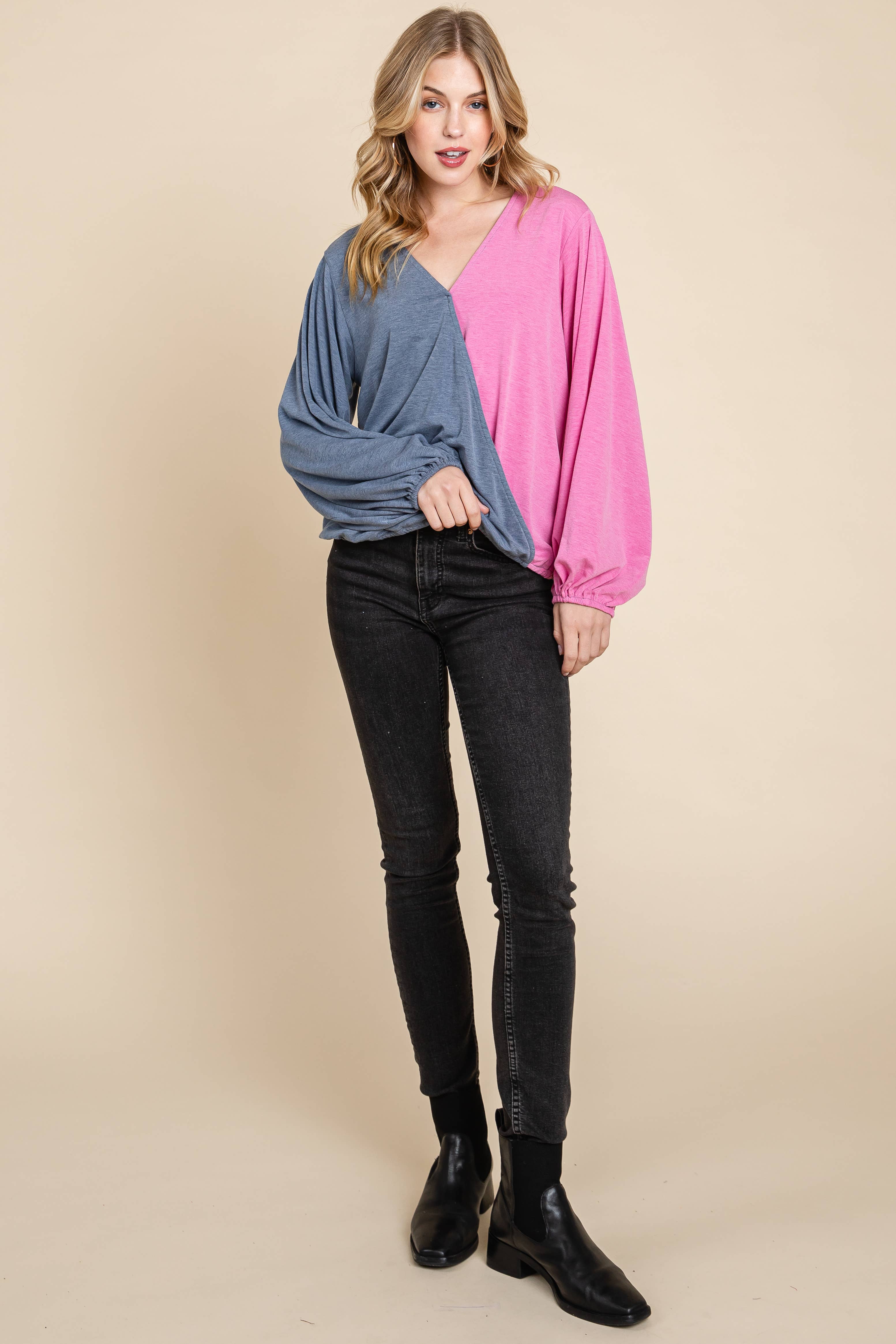 Emerald Collection - Vendita all'ingrosso Top in maglia - Donna - ETK-8561-PL Top Surplice Color Block Plus Size1