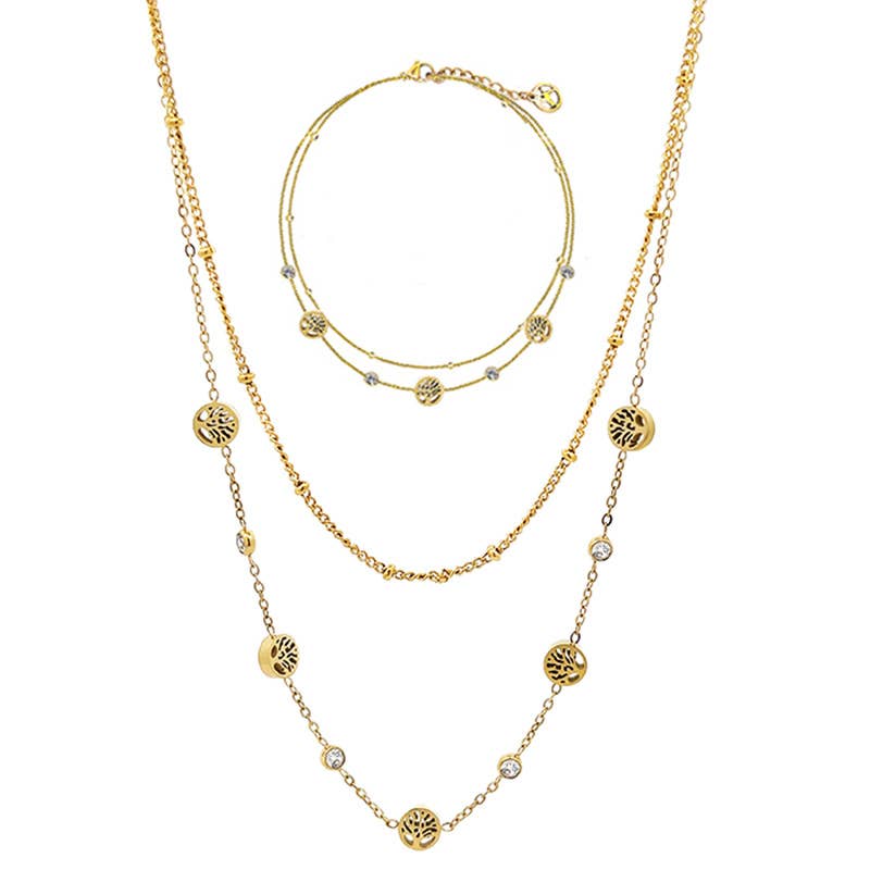 AMORINO SRL - Wholesale Jewelry Set - TREE OF LIFE & ZIRCONIA & DOUBLE STRAND SET - JN23888E0