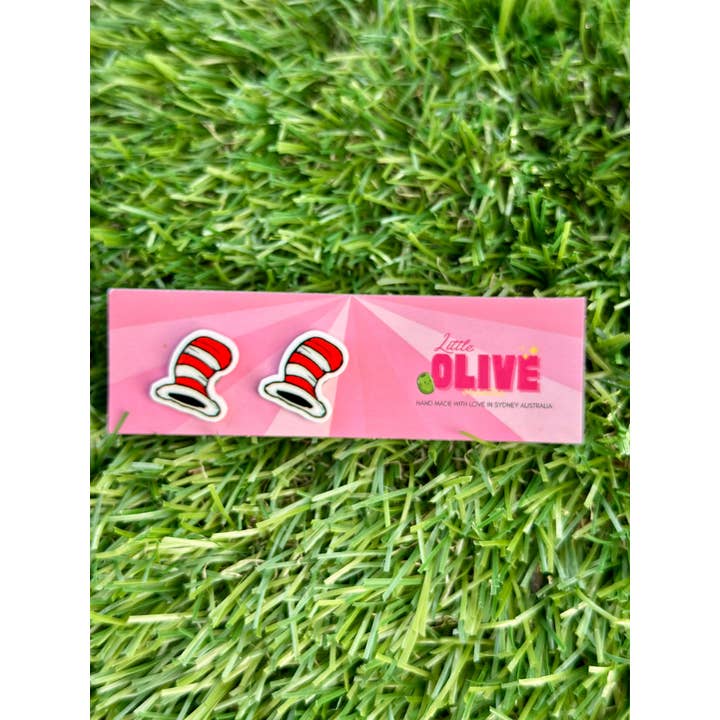 Little Olive Creates - Wholesale Stud/post earrings - Whimsical Cat in the Hat Stud Earrings – Fun Dr. Seuss-Inspired Jewelry for Book Lovers & Teachers