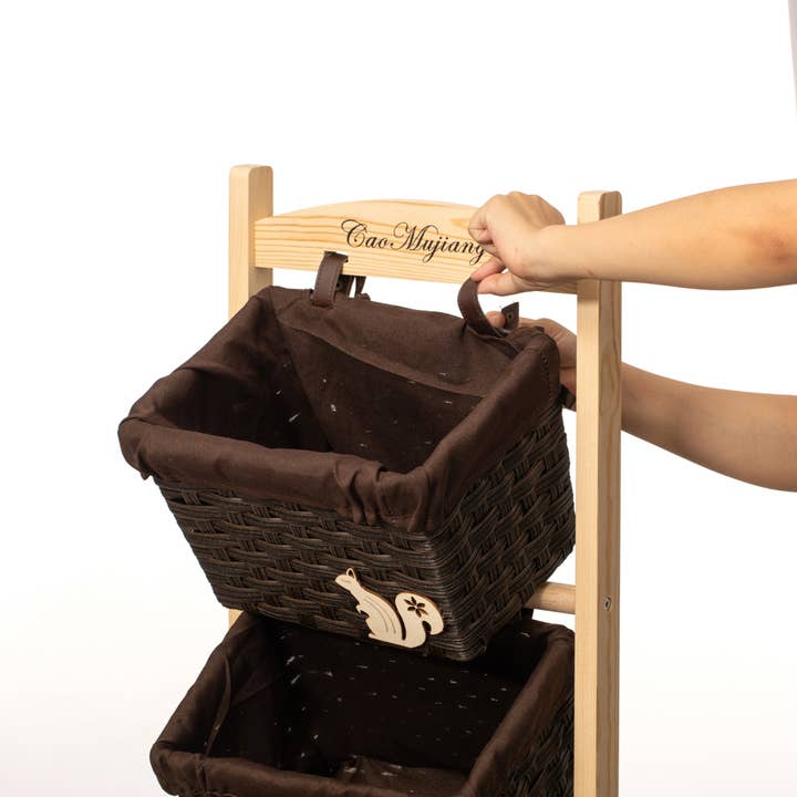 Quickway Imports - Wholesale Free Standing Shelf - 4-Tier Wooden Frame Stand with Woven-Inspired Plastic Basket3