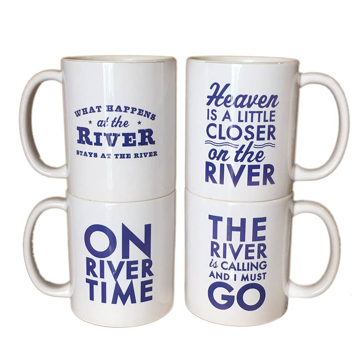 Set of 4 River Mugs- "SET A"- Navy Text for wholesale by Mugs by Go Jump in the Lake