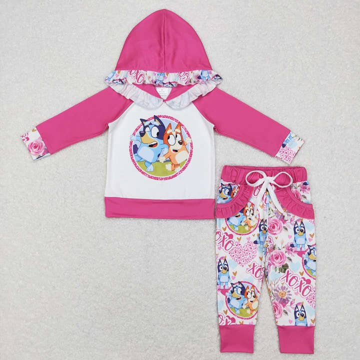 Aier Wholesale - Wholesale Top & Pant Set - Kids - Baby Girls Pink Hooded Long Sleeve Top Pants Valentines Dogs
