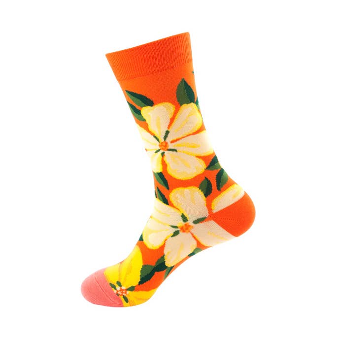 Orange Yellow flowers print middle tube socks for wholesale by Tourtiwi
