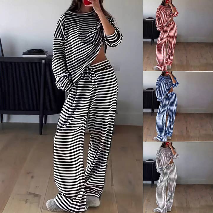 Conjunto de Top de Manga Larga a Rayas con Pantalones de Pierna Ancha de Tiro Alto para venta al por mayor de EmberLoom
