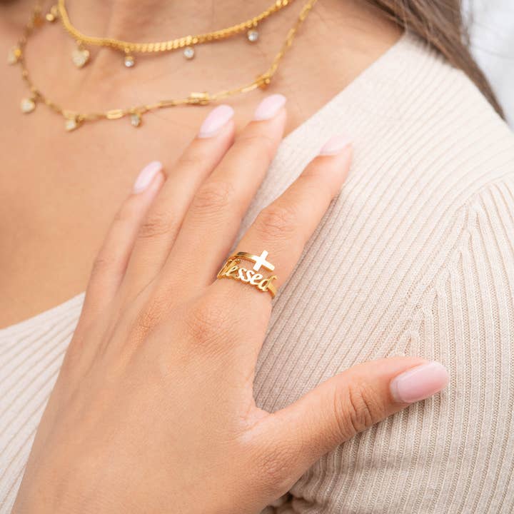 WJW - Wholesale Band/Stacked Ring - 18K Gold PVD Adjustable "Blessed" Ring