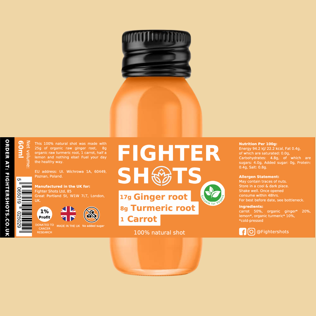 Fighter Shots - Wholesale Wellness Juice/Tonic - Carrot + Ginger + Turmeric Shot 12 x 60ml9