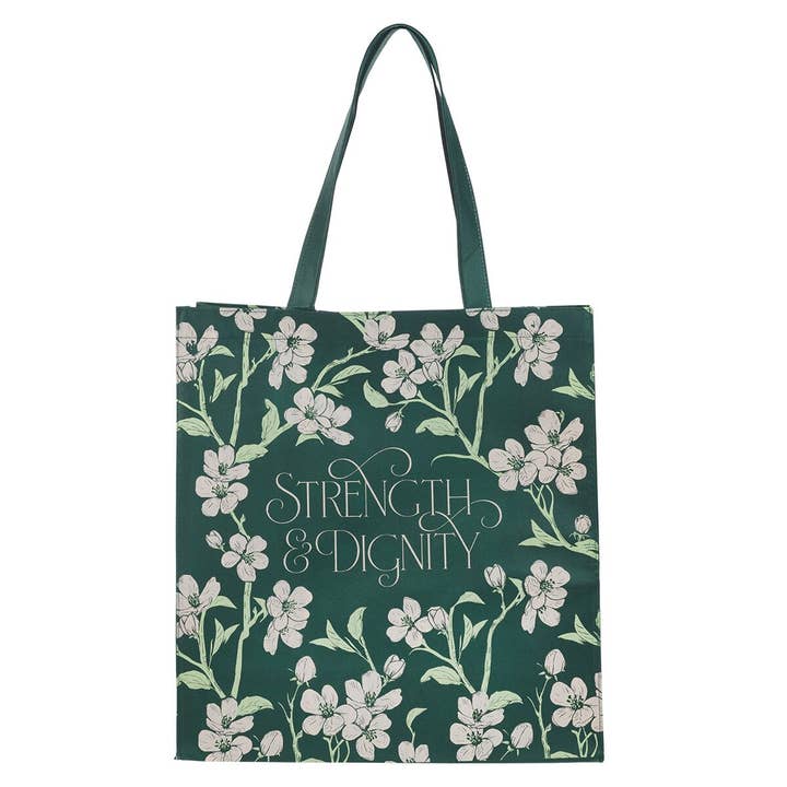 Tote Green Strength & Dignity Proverbs 31:25 for wholesale by Christian Art Gifts