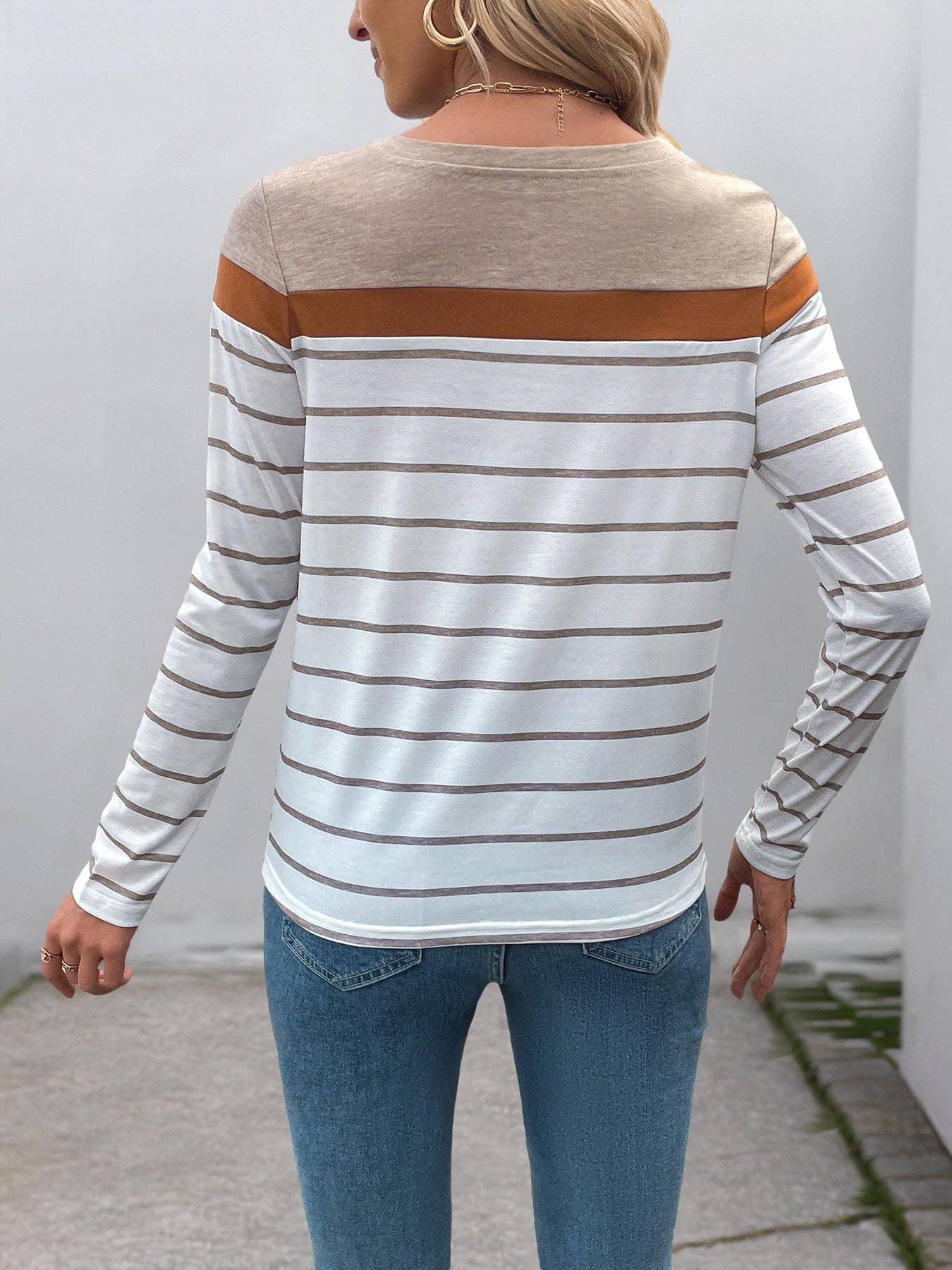 Khaki Retro Striped Long Sleeve T-Shirt for Women Casual Layering Top for wholesale on Faire4