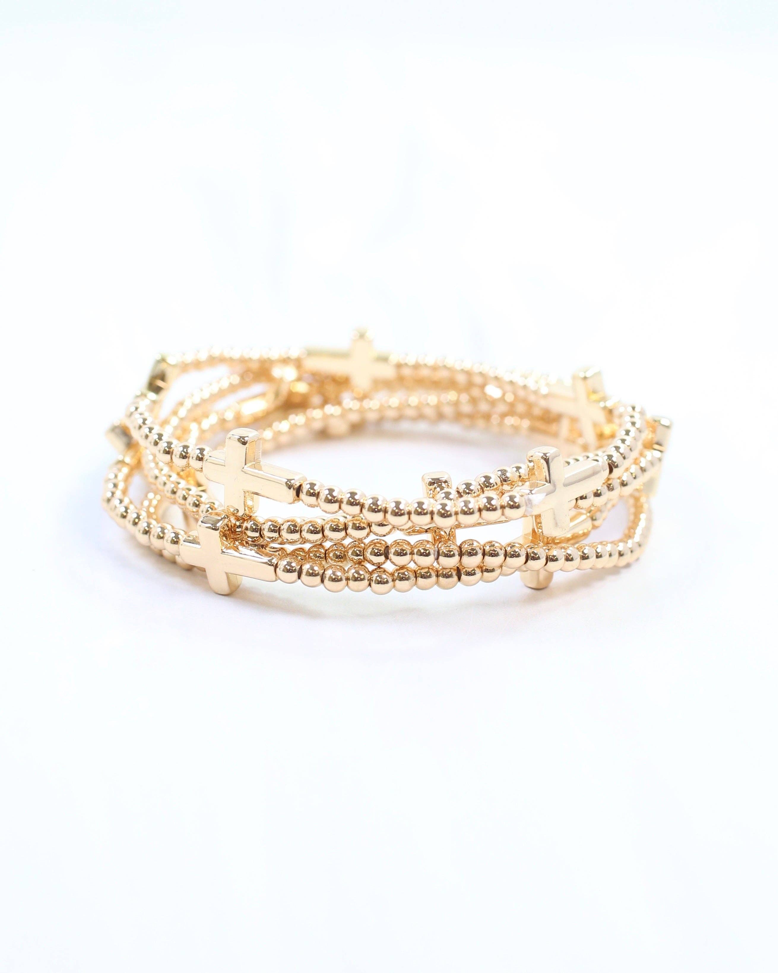 Caroline Hill - Wholesale Jewelry Set - Sally Cross and Bead Stretch Bracelet Set Gold1