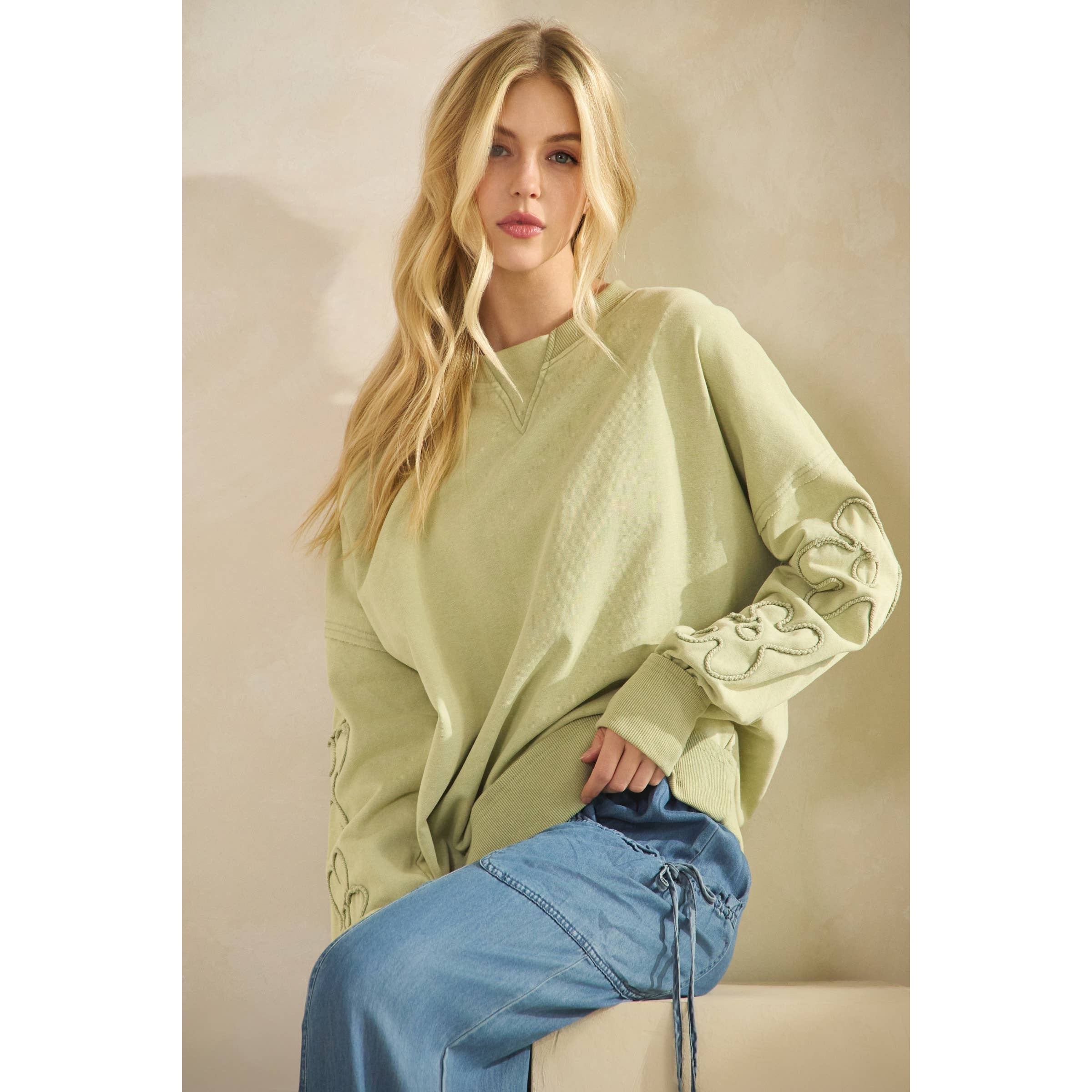 Sage SQUIGGLE SLEEVE PULLOVER SWEATSHIRT (ST7971) for wholesale on Faire3