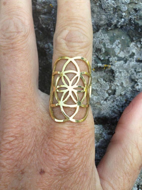 JAYA MOKSHA - Wholesale Band/Stacked Ring - Brass Seed of Life Ring / Sacred Geometry Gold Flower