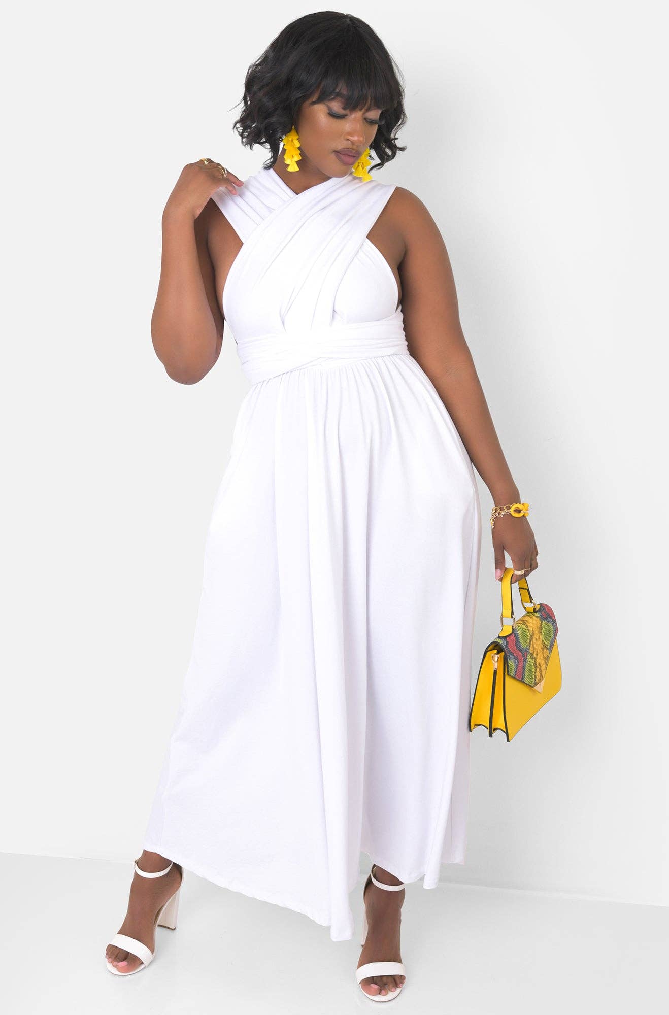 White Dreamy Sleeveless V Neck Multiway Skater Maxi Dress W. Pockets for wholesale on Faire12
