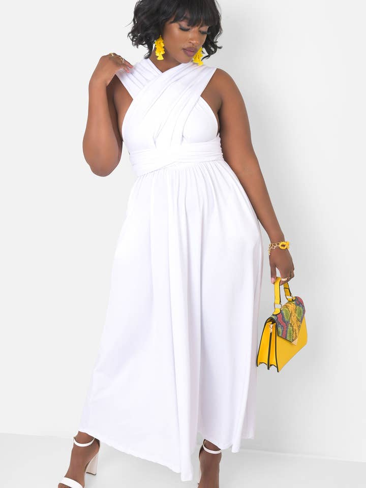White Dreamy Sleeveless V Neck Multiway Skater Maxi Dress W. Pockets for wholesale on Faire12
