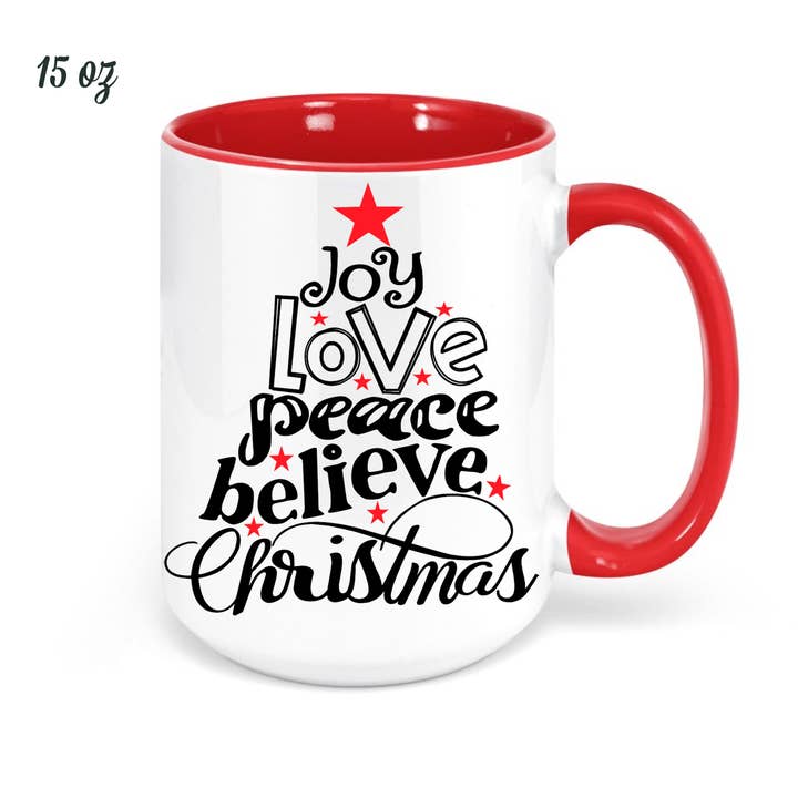 Christmas Joy Coffee Mug - Joy, Love, Peace, Believe for wholesale by Foxy Mug