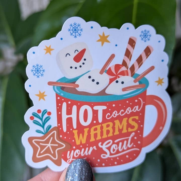 Hot cocoa warms your soul, cute Christmas vinyl sticker for wholesale by Moonlit Creations