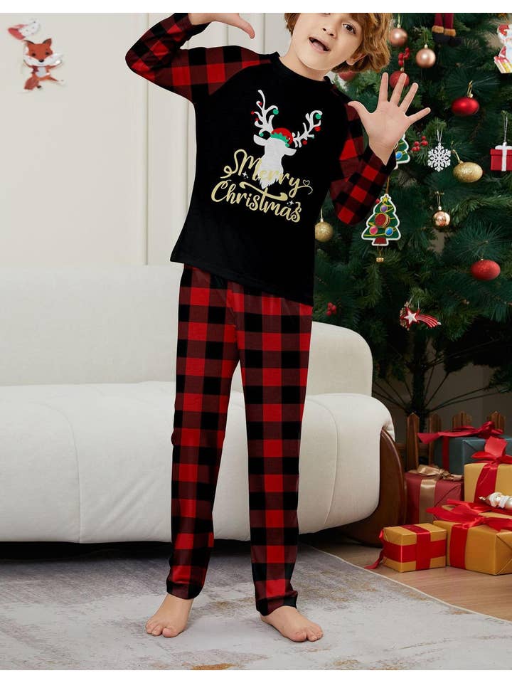 Anna Kaci Wholesale - Wholesale Sleepwear Set - Unisex - Family Christmas Pajama Set with Black Tops Red Plaid Pants7
