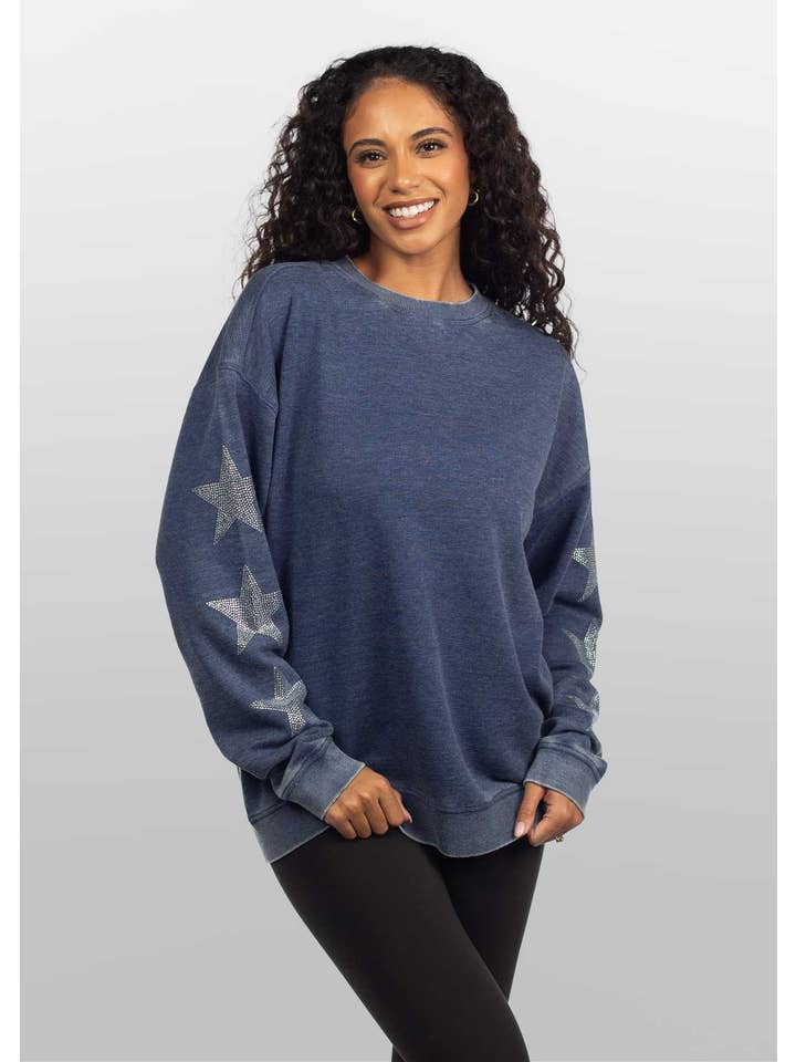 chicka-d - Wholesale Sweatshirt - Women's - Burnout Crew Sweatshirt with Rhinestone Stars, All colors