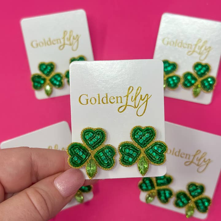 St. Patrick's Day Earrings - Clover Stud Earrings for wholesale by Golden Lily