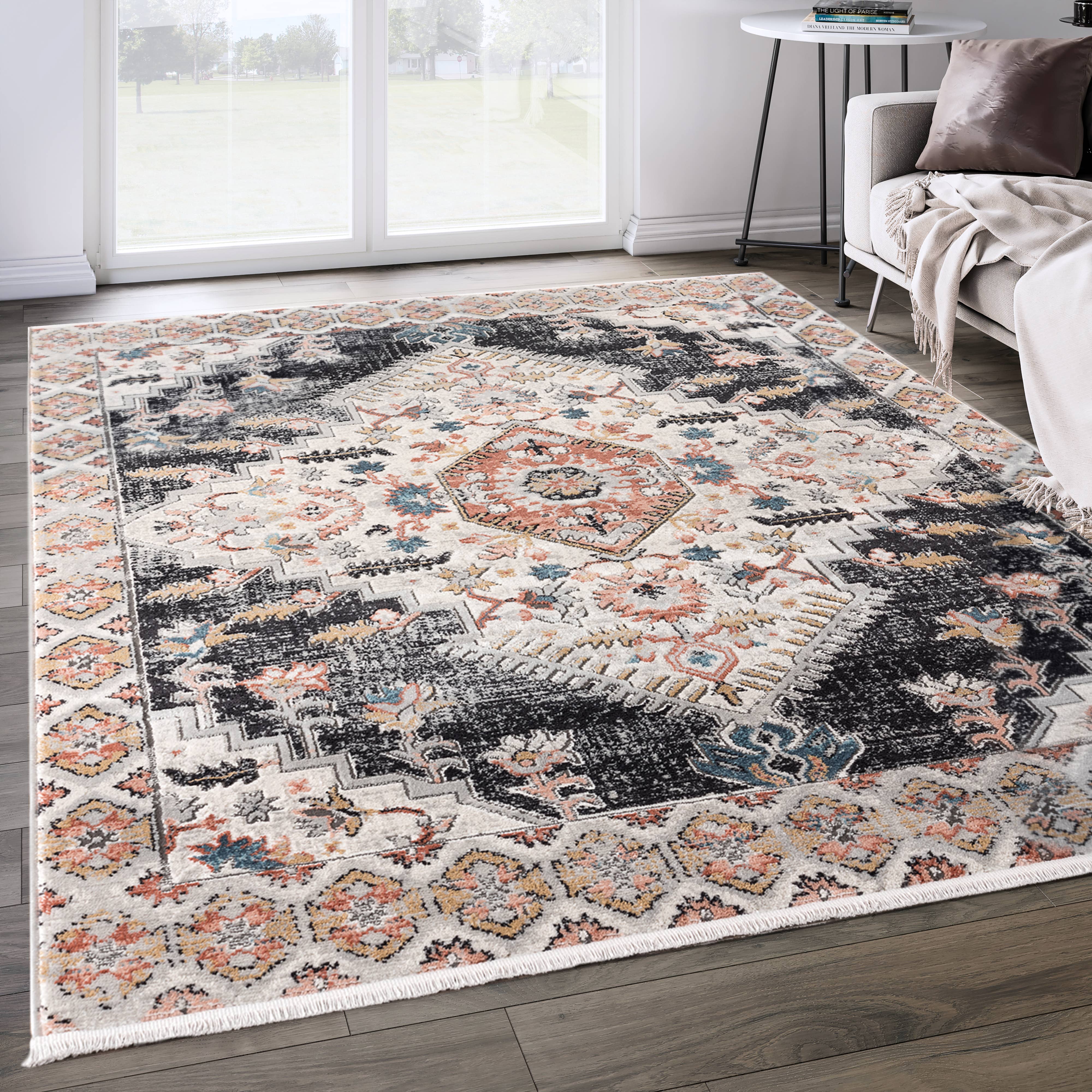 Abani Rugs – wholesale Matta – Azurfärgad beige medaljongmatta med svart kopparfärgad kant1