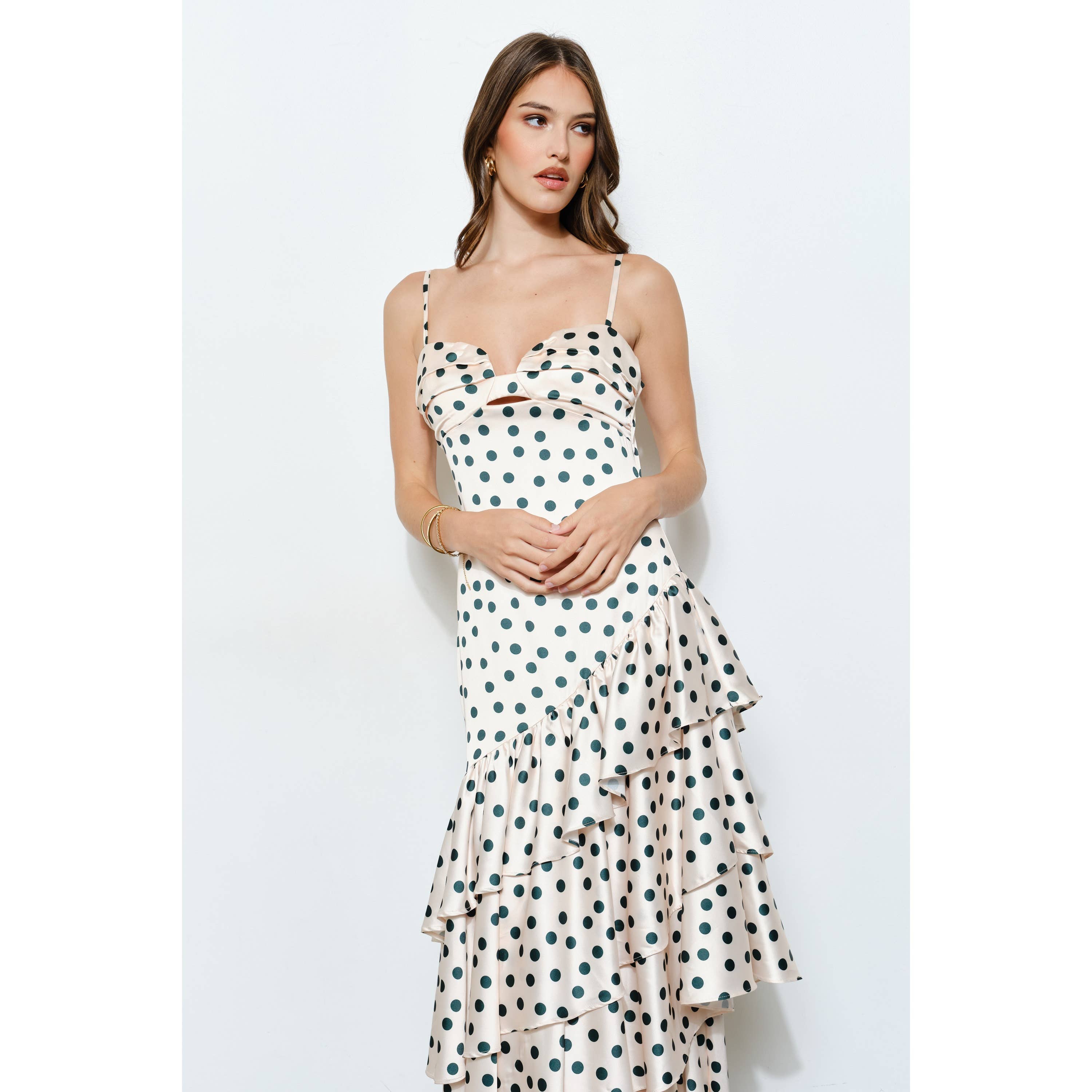 INA – wholesale Dress – Women's – Satin Polka Dot Tiered Ruffle Maxi Dress8