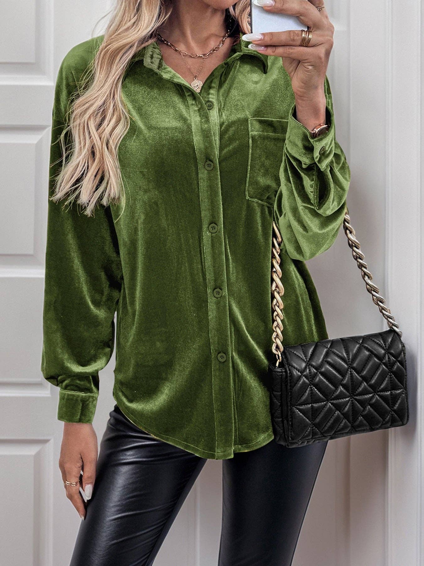 Suhkasana - Wholesale Button Down Shirt - Women's - Solid Velvet Button-Up Lantern Sleeve Collared Blouse5