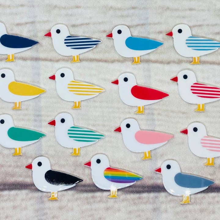 Seagull Resin Brooch red blue green pink stripe 25 colours for wholesale by Jewells