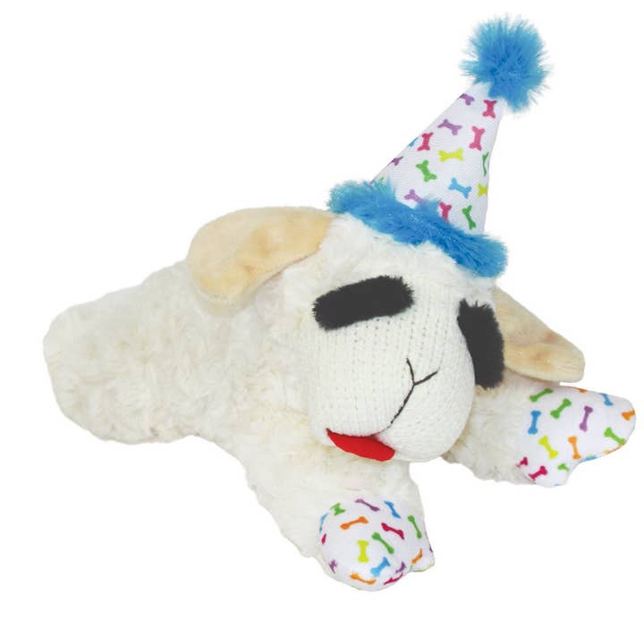Pet Palette Distribution - Wholesale Pet Plush Toy - Dog - Multipet Lamb Chop w/ Birthday Hat Plush Dog Toy Blue 10.5"