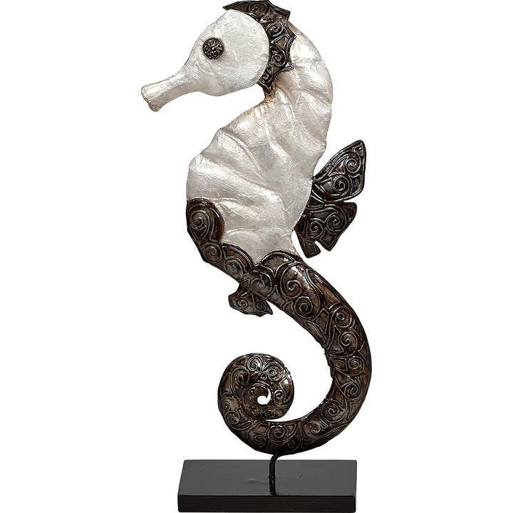 HS Seashells - Wholesale Decorative Figurine - White Elegance Seahorse Stand 7x15" - Metal & Capiz Art