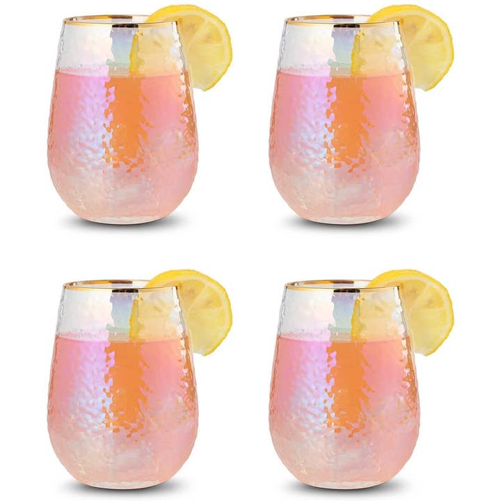 Bicchieri da vino lustrati iridescenti senza stelo, 15 once, set da 4 per la vendita all'ingrosso da parte di The Wine Savant / Khen Glassware