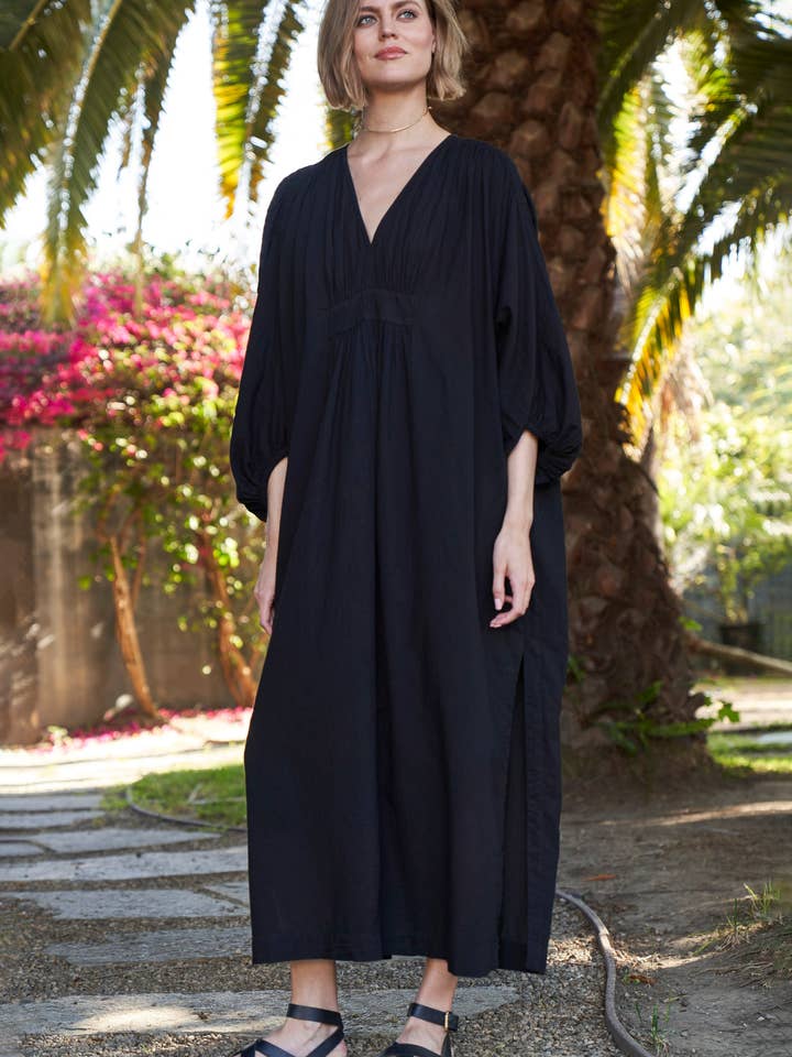 Black Rouched Shoulder Maxi Cotton Caftan for wholesale by ocean+main