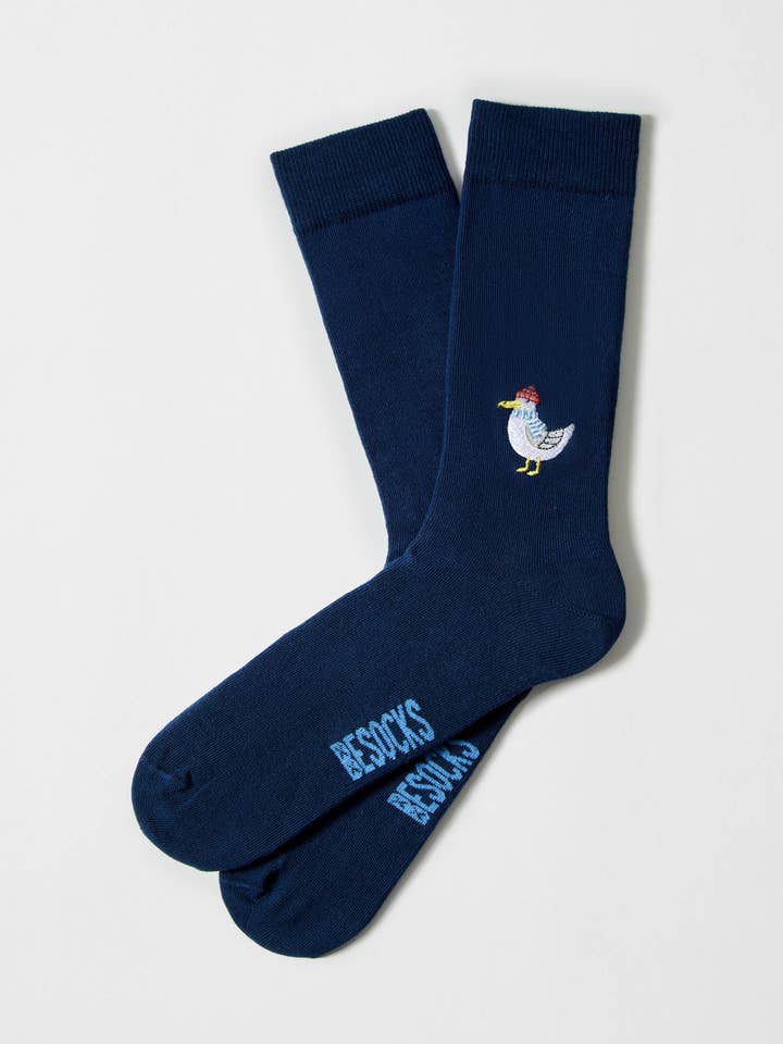 Blå BeSeagull Broderi - 100% Ekologiska Bomullsstrumpor för wholesale på Faire0