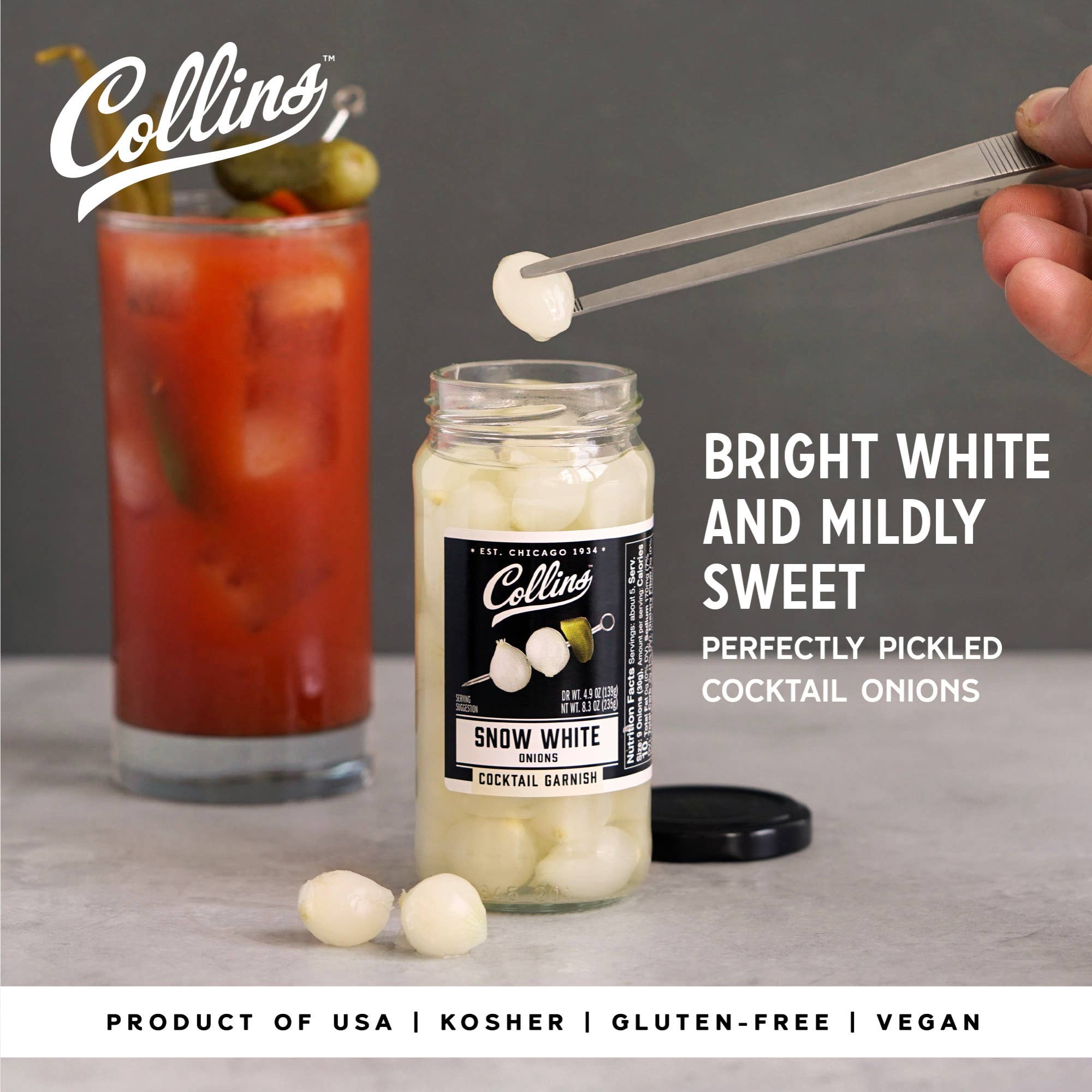 Collins - Wholesale Pickled Vegetables - Gourmet Pickled Snow White Cocktail Onions 8 oz1