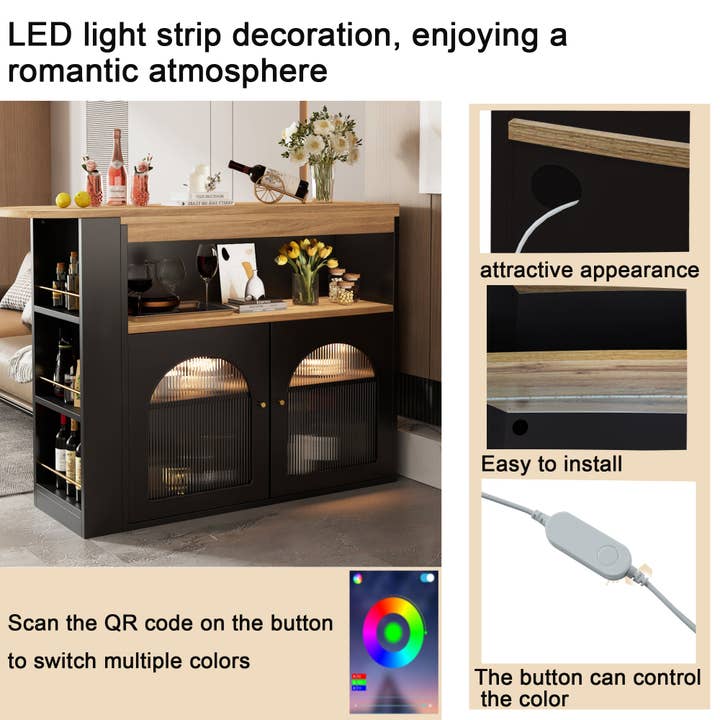 Urban Meuble - Wholesale Sideboard - Modern black rotating extendable bar table with storage and LED light strip THRUTELS BLACK18