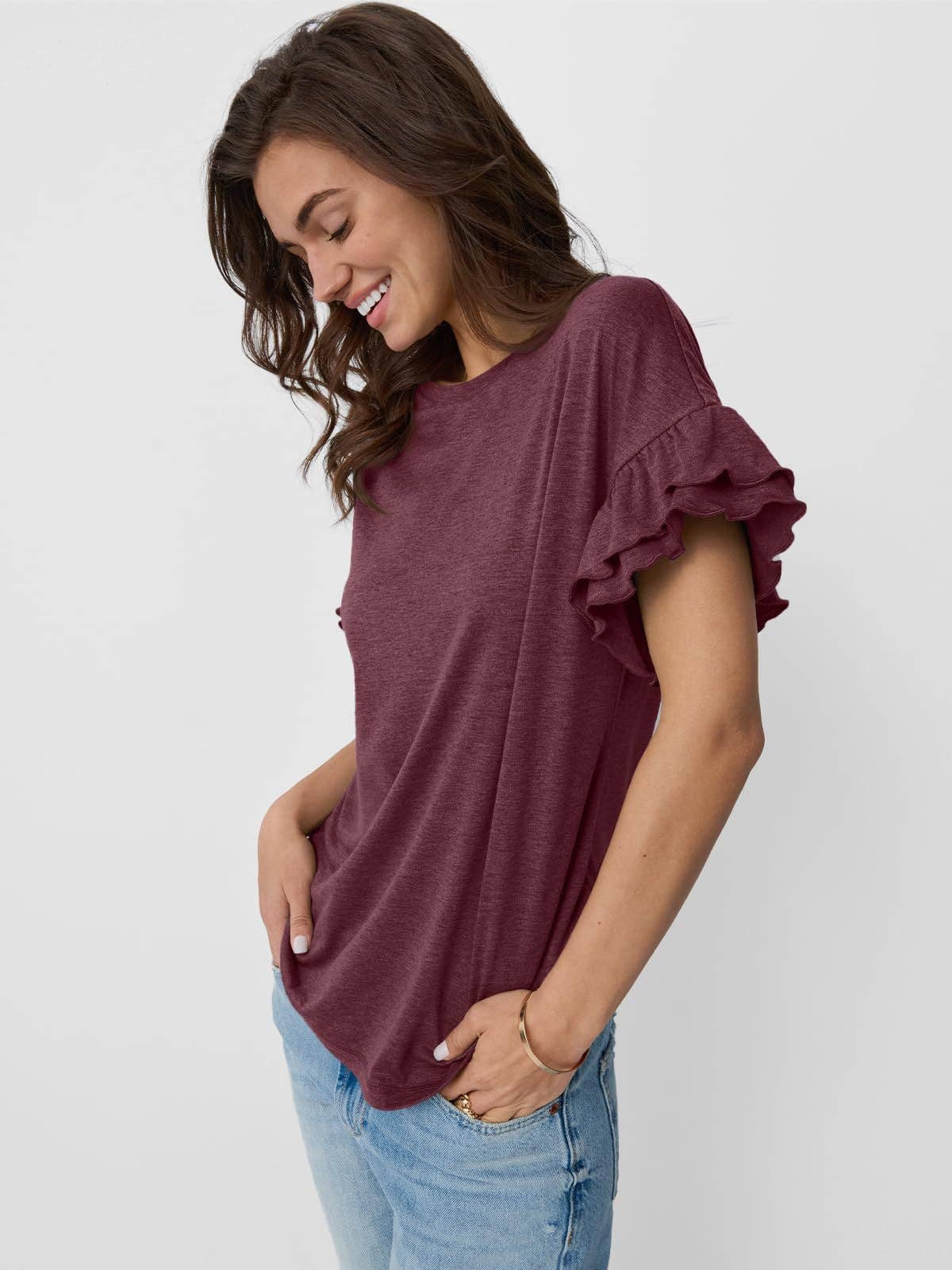 Suhkasana - Vendita all'ingrosso Maglietta - Donna - Maglietta da donna con maniche a volant e scollo tondo – Top estivo casual a tinta unita13