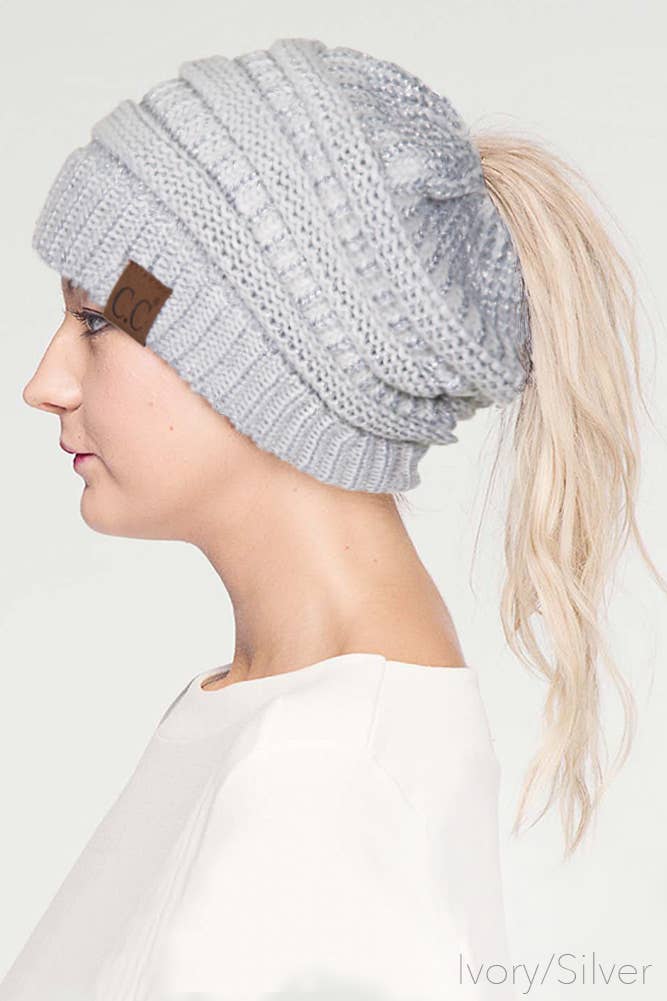Hana – wholesale Beanie – Women's – C.C Metallic Messy Bun Ponytail Beanie6