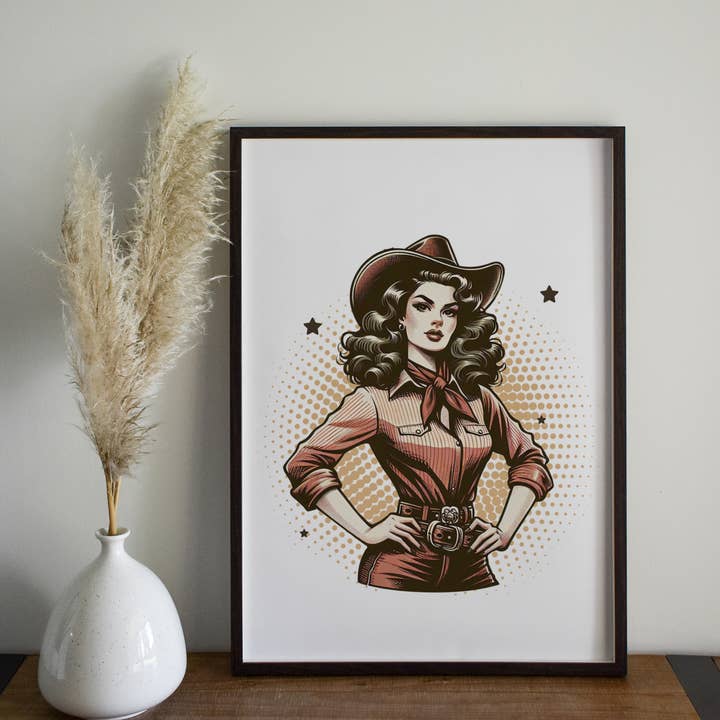 Lámina de arte retro Cowgirl | Colección Wild West Chic para venta al por mayor de Paperfinch Design
