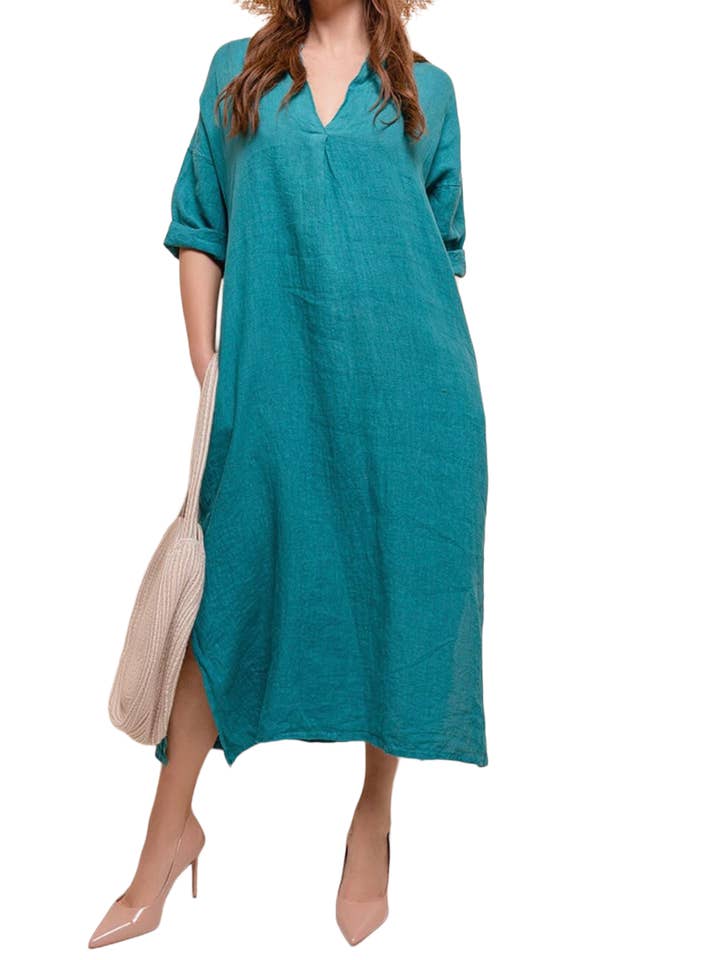 la maison des fibres naturelles – wholesale Klänning - Dam – Lång klänning med tunisisk krage 29340 i 100 % linne4