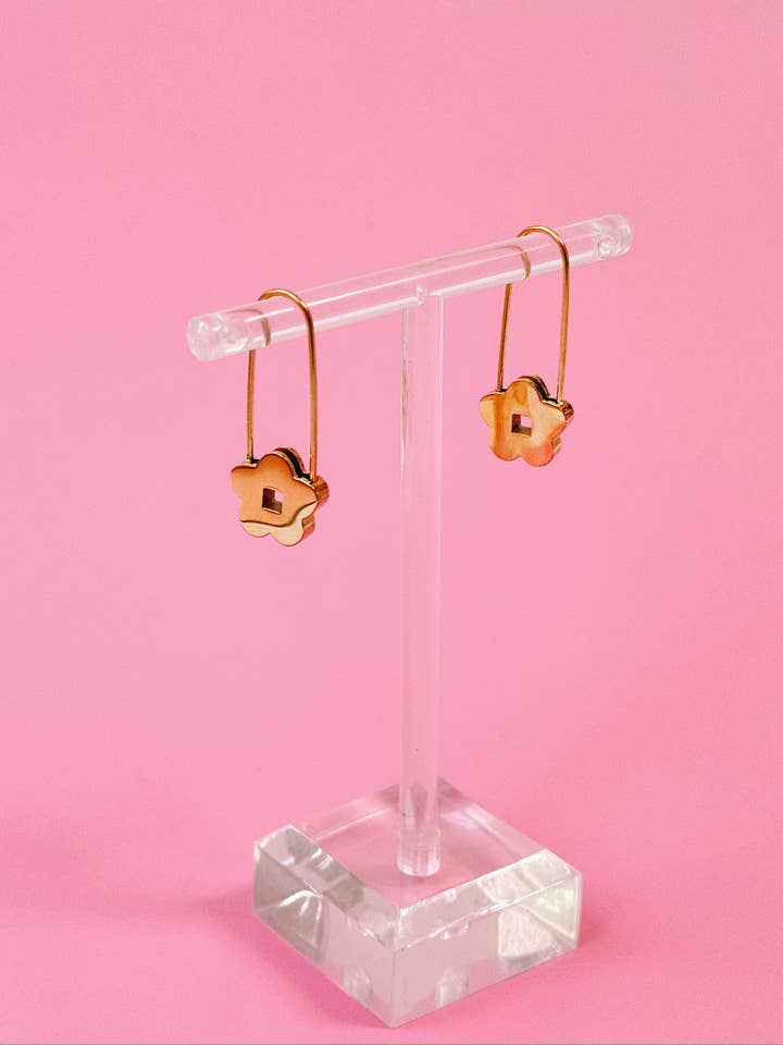 Daisy Safety Pin Earrings - Dangle, Y2K, Edgy, Gold, Flower for wholesale by Golden Hour Designs
