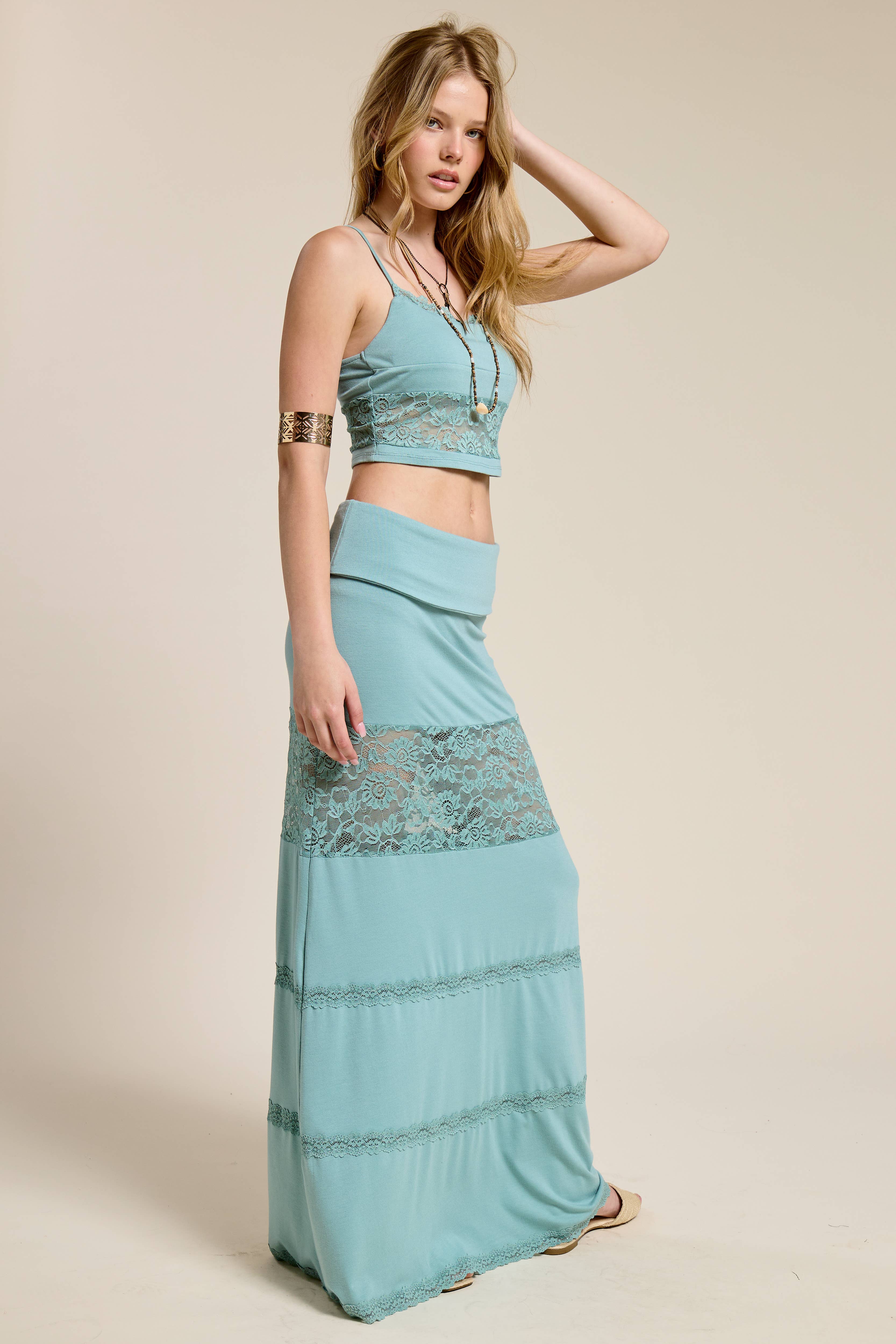 Mimosa - Wholesale Top & Skirt Set - Women's - Lace Contrast Cami and Fold over Maxi Skirt Set9