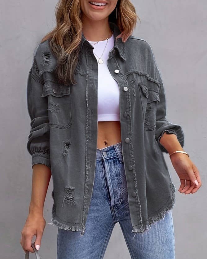 HIDDENBRAND - Wholesale Denim Jacket - Women's - Ripped Loose Denim Jacket6