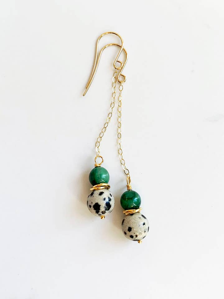 Long Jade + Jasper Earrings | Green Dangle Earrings for wholesale by Laura Stark Designs