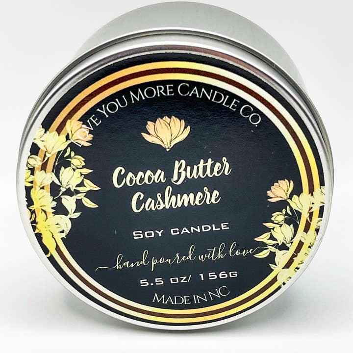 Cocoa Butter Cashmere soy candle 8oz tin for wholesale by Love You More Candle Company
