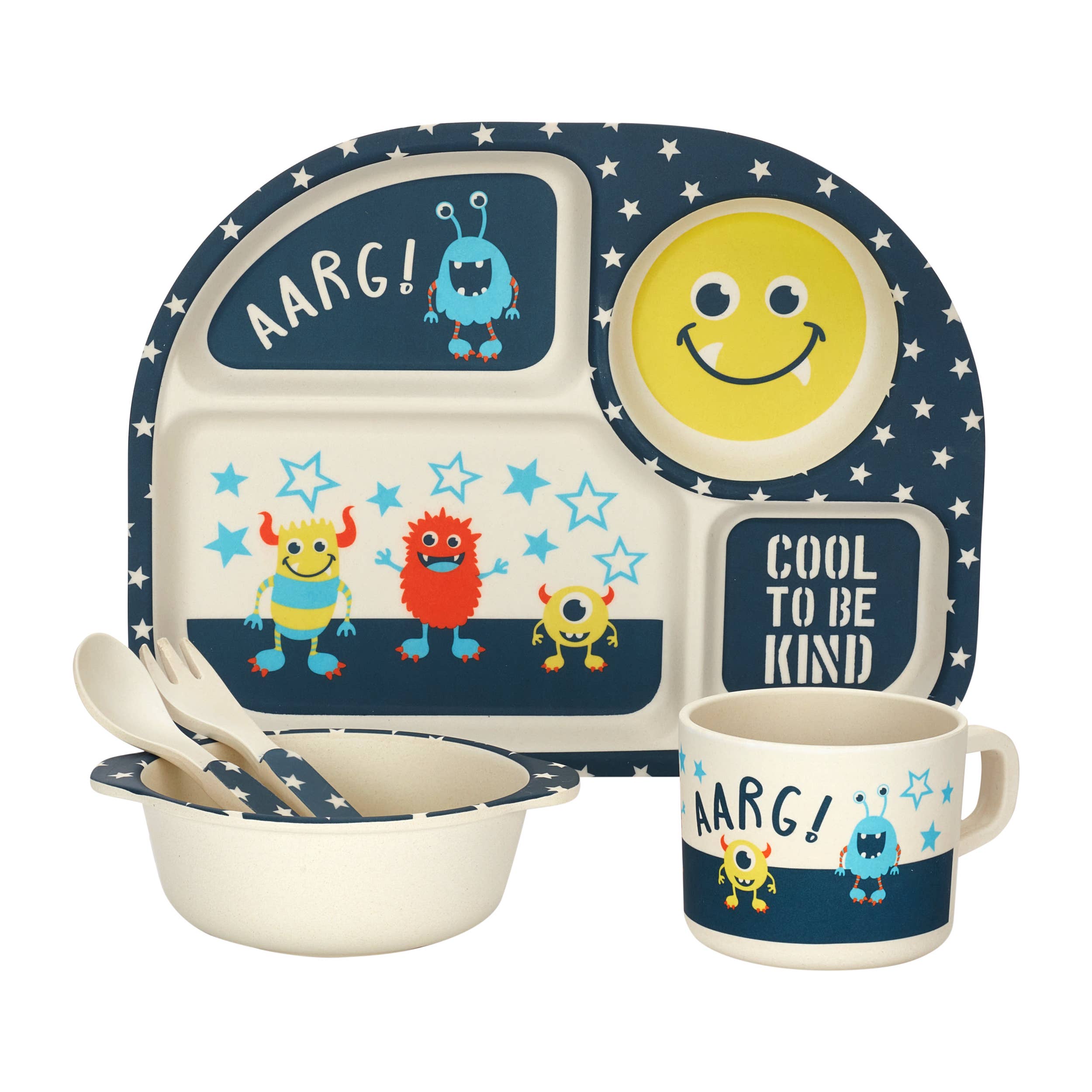 My Funkins - Wholesale Dinnerware Set - Kids & Baby - Five Piece Bamboo Dish Set for Kids - Monsters1