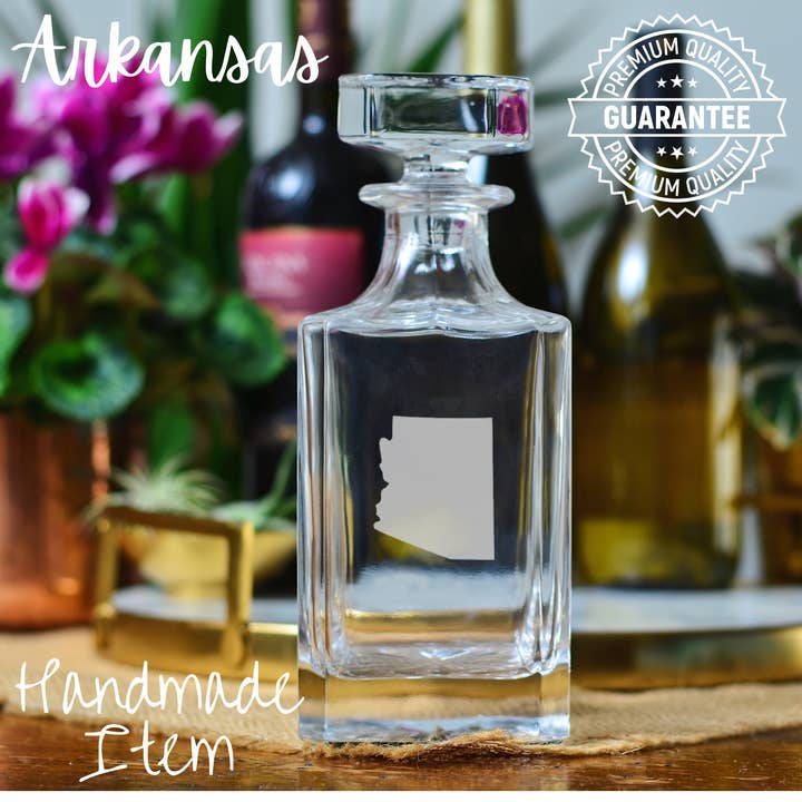 State of Arkansas Etched Glass Whiskey Decanter for wholesale by Honeysuckle Home