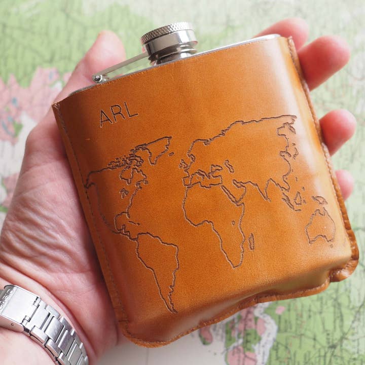 Personalised Leather World Map Hip Flask in a gift box for wholesale by Stabo