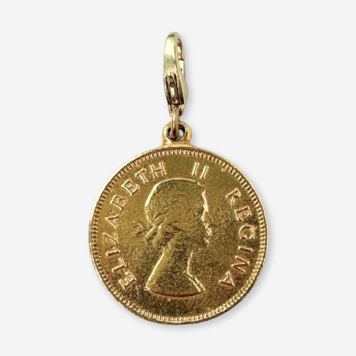 Vintage gold plated Queen Elizabeth coin charm for wholesale by Lulu’s Petals